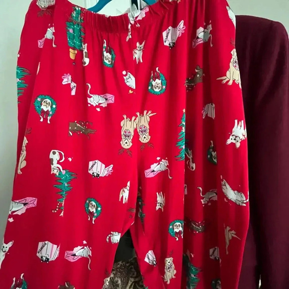 Women 3x Pajama Pant Red Recycled Poly Holiday Cat Dog Cozy Lounge Comfort Soft - Picture 5 of 10